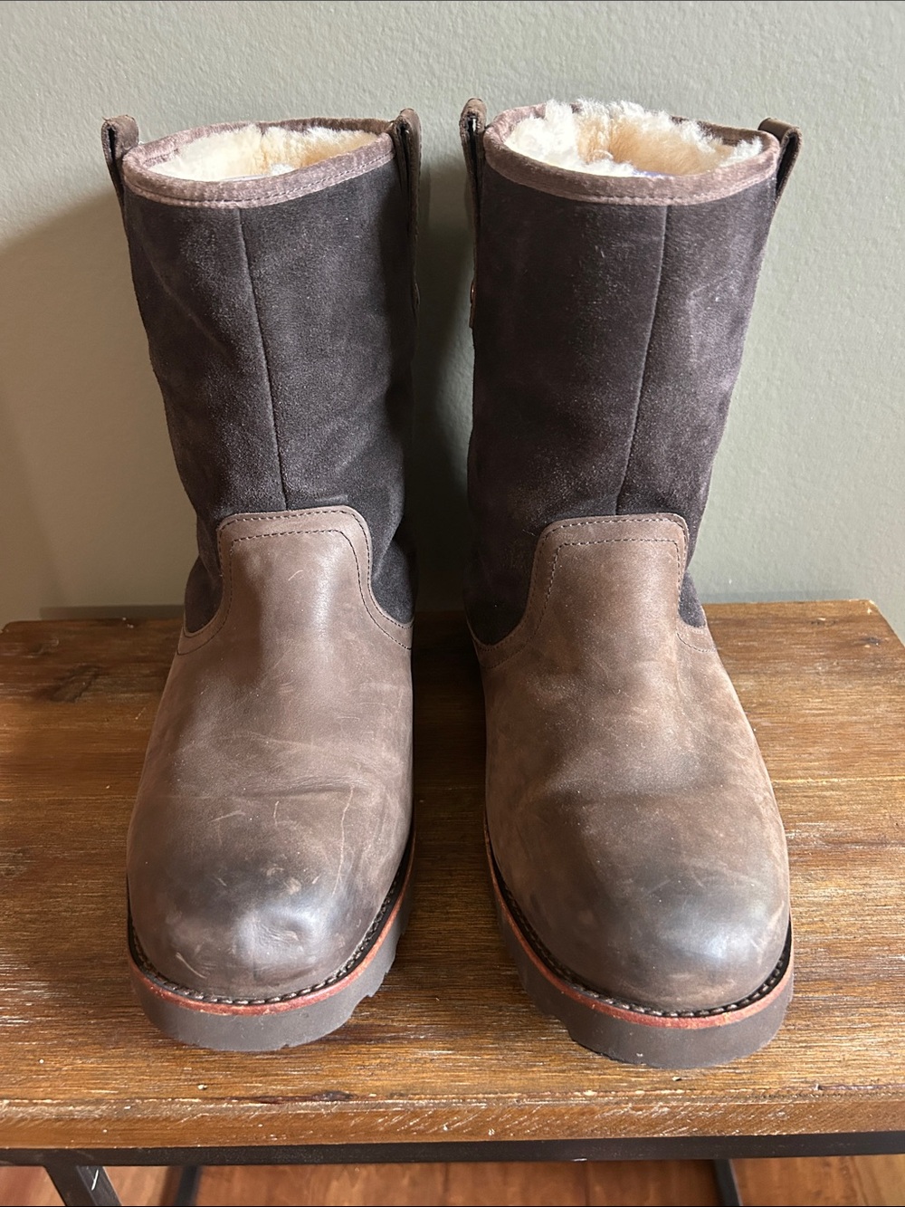 UGG Men's Two-Tone Brown Suede and Leather Shearling Boots